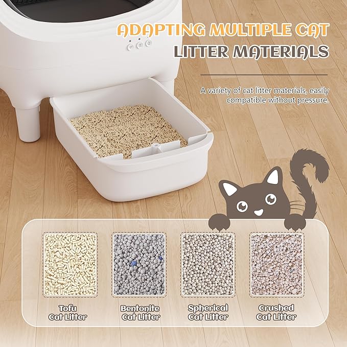 Greesum Automatic Self-Cleaning Litter Box for Cats - Open-Top Design, Easy Odor Control, Smart APP Control, 15L Large Waste Bin, Includes Trash Bags & Mat (White)