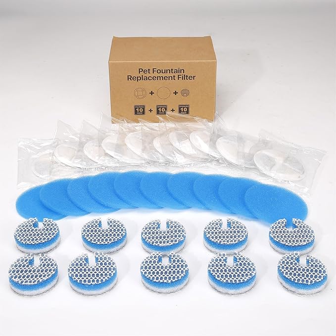10 Set Cat Water Fountain Filters for 2L/67oz Round Stainless Steel Pet Water Fountain, ZEKIRY Pet Water Fountain Filters, Triple Filtration Replacement Filters(10 Filter, 10 Sponge, 10 8D Sponge)