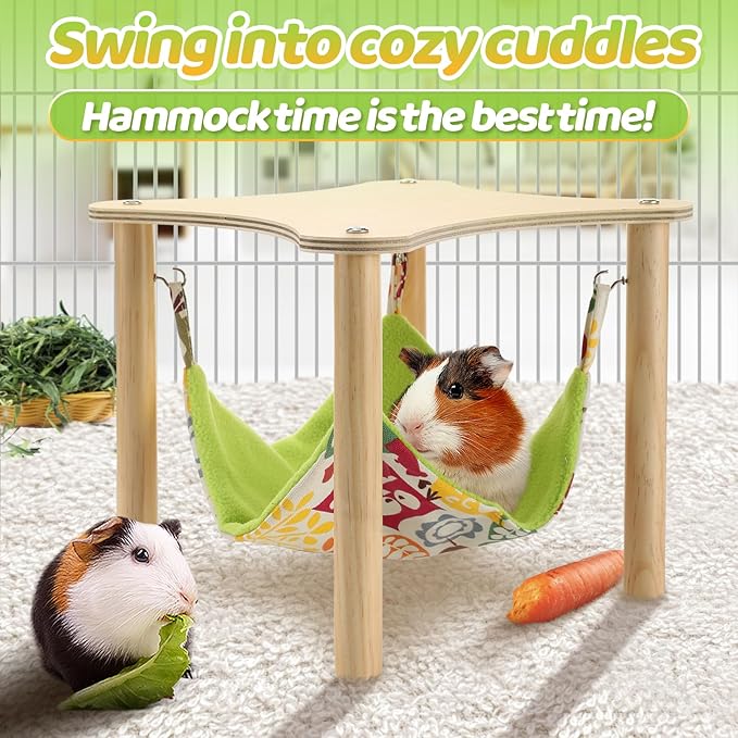 Guinea Pigs Hammock with Natural Wooden Stand - Hanging Hammock Bed for Piggies Chinchilla Hamster Bunny Ferrets Hiding Sleeping