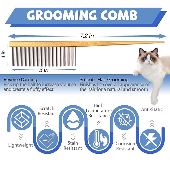 Grooming Pet Comb Rat Tail Dematting Cat and Dog Comb,Rounded Ends Design for Safe Tangle Removal, Hairstyling, Massage,Loose Hair Removal,Prevent Irritation,Fluffing Paws,Face,Tail,Remove Tear Stain