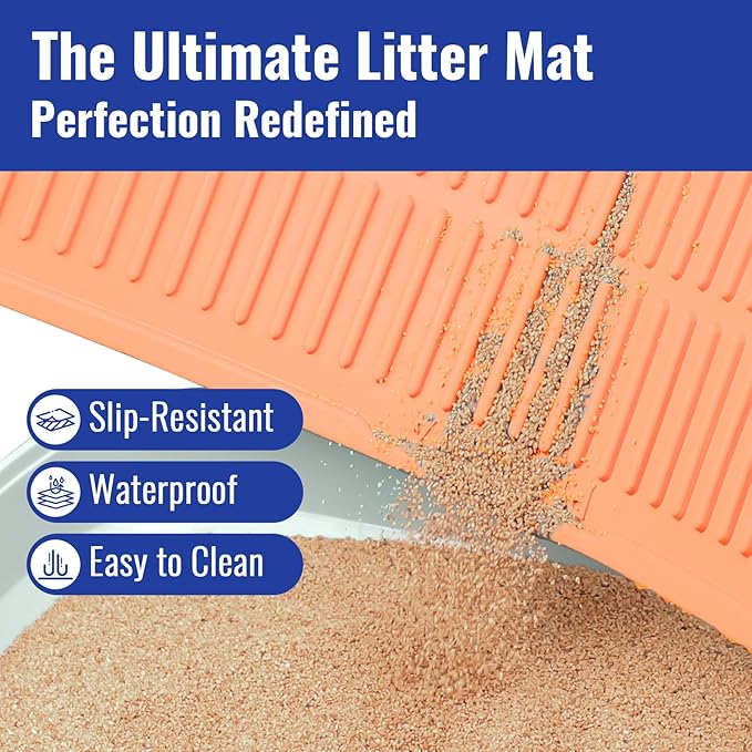 Rubber Litter Box Mat: Cute Cat Litter Trapping Mat - Peach Pink Easy Clean Kitty Litter Catcher Mat for Floor - Waterproof Litter Tracking Mat (24” x 15”)
