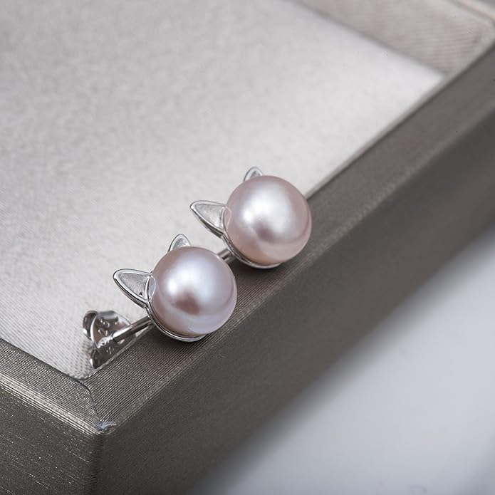 S.Leaf Cat Earrings Pearl Earrings Sterling Silver Earrings for Women Cat Memorial Gifts Cat Gifts for Cat Lovers Cat Jewelry for Women
