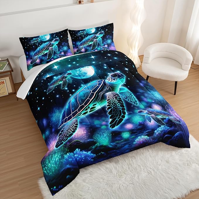 Sea Turtle Comforter Kids Bedding Set Full Size,Glowing Waterweed Moon Flash Print Comforter Set for Kids Teens Boys Girls Room Decor,Nautical Reptile Animal Bedding Set with 2 Pillowcases.