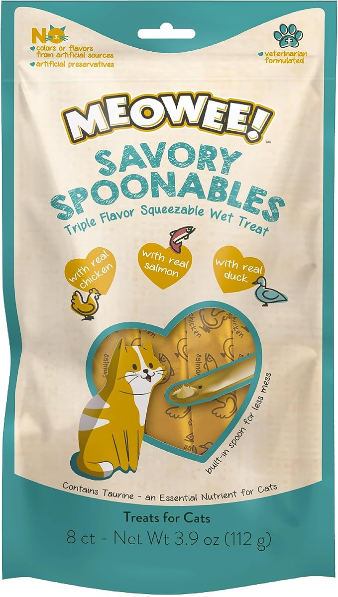 Savory Spoonables with Real Chicken, Salmon & Duck, 8 Count Tube, Triple Flavor Squeezable Lickable Wet Treats for Cats with Built-in Spoon for Less Mess