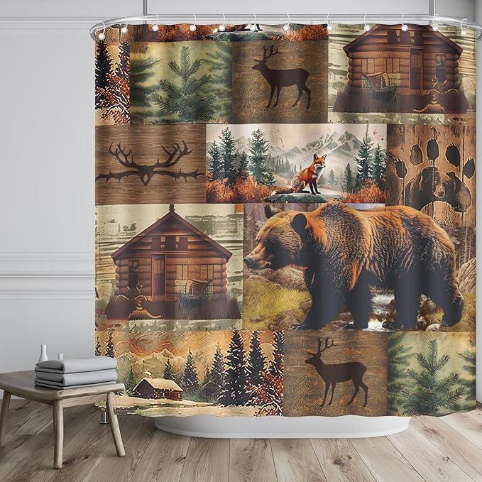 Rustic Bear Shower Curtain for Bathroom 72x72 Inches,Wood Cabin Bear Moose Forest Hunting Lodge Waterproof Polyester Fabric Bathroom Curtains with Hooks Home Hotel Bathtub Decor