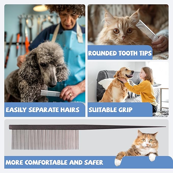 Grooming Pet Comb Rat Tail Dematting Cat and Dog Comb,Rounded Ends Design for Safe Tangle Removal, Hairstyling, Massage,Loose Hair Removal,Prevent Irritation,Fluffing Paws,Face,Tail,Remove Tear Stain