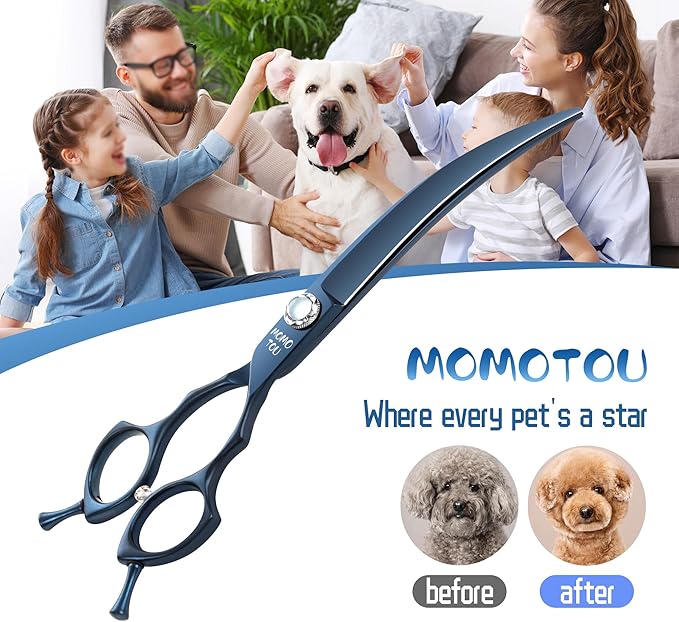 7 inch Matte Blue Curved Dog Grooming Scissors Professional 440C Stainless Steel Dog Shears Smooth Cutting Comfortable Grip and Easy to Use for Groomers and Home Use