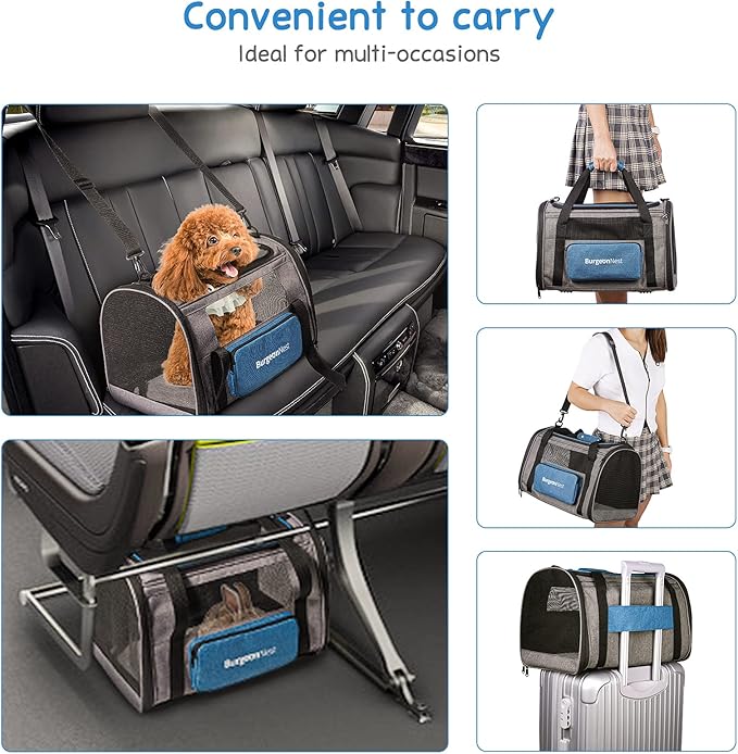 BurgeonNest Cat Carriers for Small Cats Under 15, Medium Puppy Under 25 lbs Large Pet 20 lbs Soft Sided Pet Carrier with Unique Side Bag (Medium, Grey)