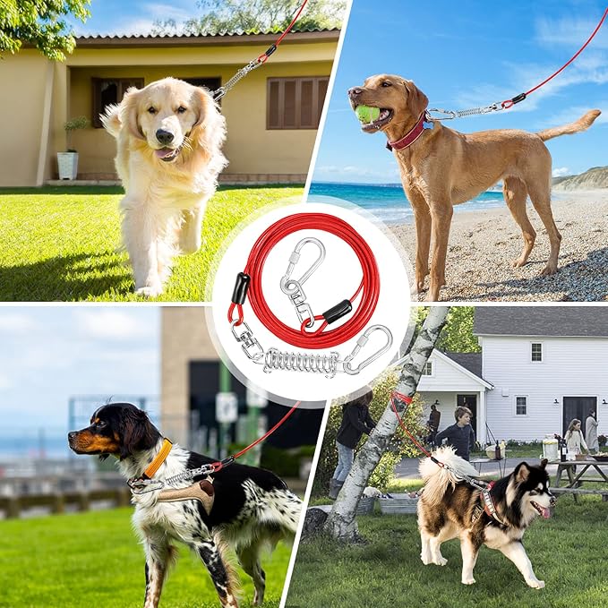 Jenico Dog Tie Out Cable, 10-150FT Runner Cable with Swivel Hook and Shock Spring, Yard & Camping Dog Leash Tether for Small to Medium Pets Up to 500 LBS