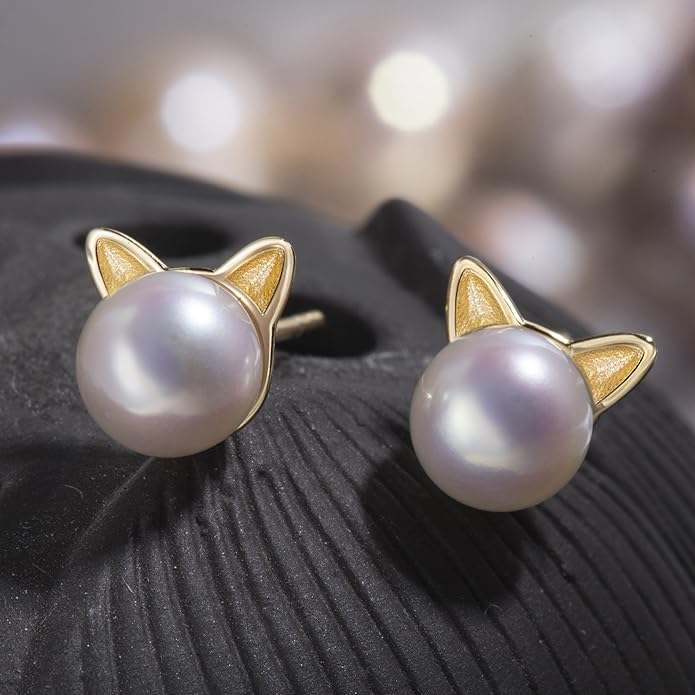 S.Leaf Cat Earrings Pearl Earrings Sterling Silver Earrings for Women Cat Memorial Gifts Cat Gifts for Cat Lovers Cat Jewelry for Women