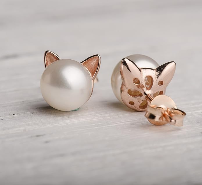 S.Leaf Cat Earrings Pearl Earrings Sterling Silver Earrings for Women Cat Memorial Gifts Cat Gifts for Cat Lovers Cat Jewelry for Women
