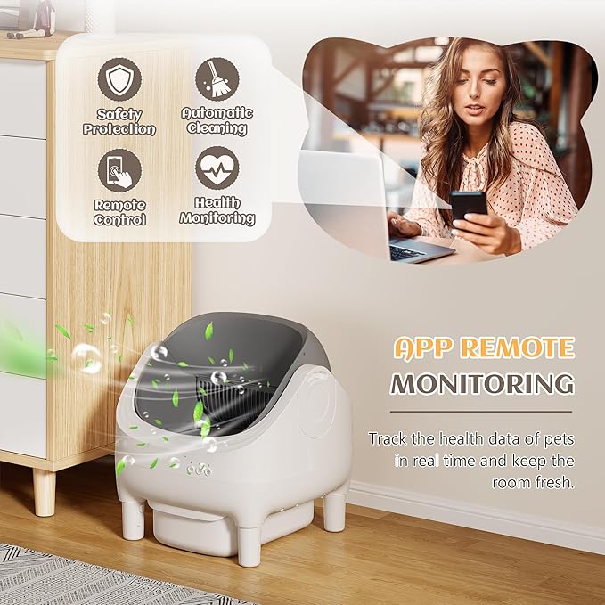 Greesum Automatic Self-Cleaning Litter Box for Cats - Open-Top Design, Easy Odor Control, Smart APP Control, 15L Large Waste Bin, Includes Trash Bags & Mat (Grey)