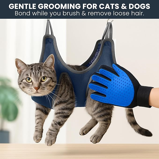 Grooming Hammock Kit for Dogs & Cats, Includes Hammock Harness, Nail Clippers, Nail File, Grooming Glove, Dematting Comb, S-Hooks, Carabiners & Storage Bag for Easy Home Grooming small (75ร49) cm