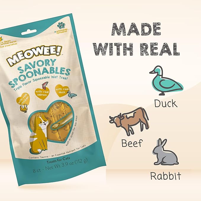 Savory Spoonables with Real Chicken, Salmon & Duck, 8 Count Tube, Triple Flavor Squeezable Lickable Wet Treats for Cats with Built-in Spoon for Less Mess