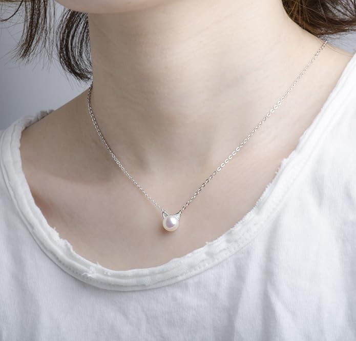 S.Leaf Cat Pearl Necklaces For Women Sterling Silver Cat Lovers Lady Gifts Pearl Opal Jewelry Pendant Collarbone Charm Necklace Best Friend Birthday Gifts for Women Trendy Sister Mom Wife Womens Her Friend Party