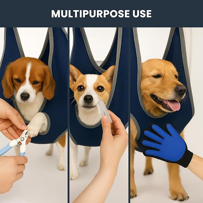 Grooming Hammock Kit for Dogs & Cats, Includes Hammock Harness, Nail Clippers, Nail File, Grooming Glove, Dematting Comb, S-Hooks, Carabiners & Storage Bag for Easy Home Grooming small (75ร49) cm