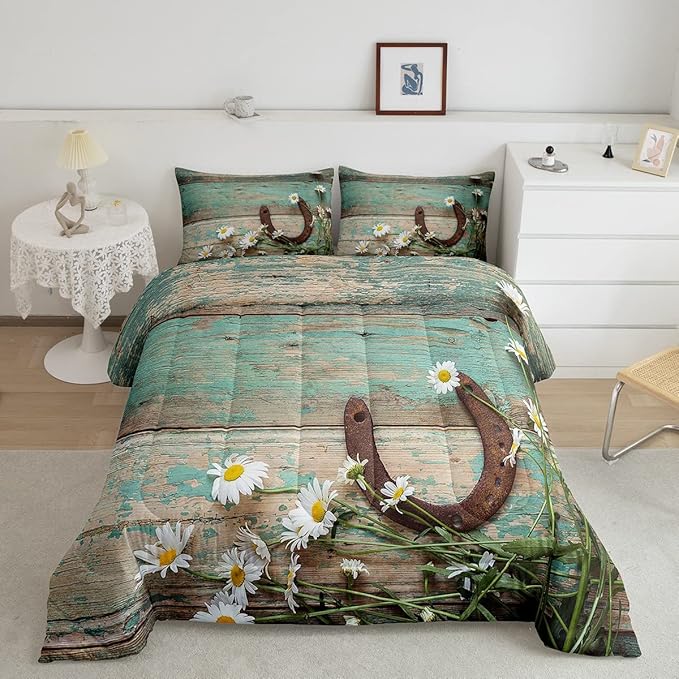 Rustic Farmhouse Bedding Set Teal Country Wooden Barn Door Down Comforter Twin Western Horseshoe Daisy Decor Comforter Set for Kids Boys Girls Teen Cowboys Cowgirls Quilt Duvet Sets 1 Pillow Case