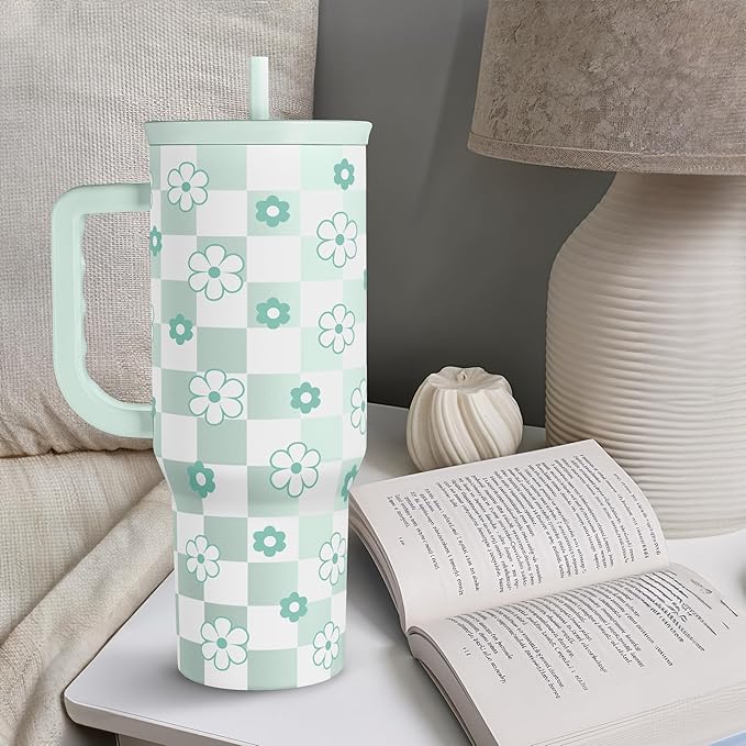 SANDJEST 40oz Daisy Flower Tumbler with Handle and Straw - Insulated Stainless Steel Coffee Travel Mug for Women Girls, Floral Gift Idea for Birthday Christmas