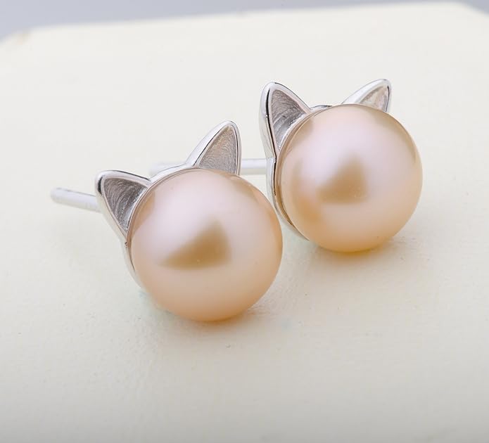 S.Leaf Cat Earrings Pearl Earrings Sterling Silver Earrings for Women Cat Memorial Gifts Cat Gifts for Cat Lovers Cat Jewelry for Women