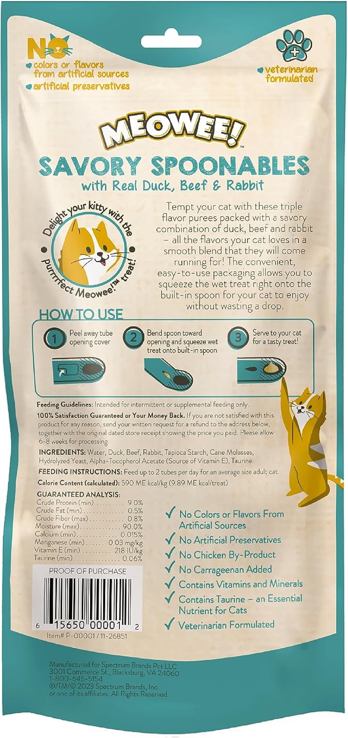 Savory Spoonables with Real Duck, Beef & Rabbit, 4 Count Tube, Triple Flavor Squeezable Lickable Wet Treats for Cats with Built-in Spoon for Less Mess