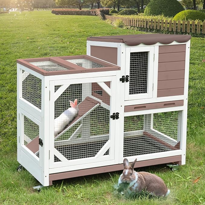 Gutinneen 2-Story Rabbit Hutch with Chew-Proof Ramp & Leak-Proof Trays - Indoor/Outdoor 39.3" Wooden Rabbit Cage with Wheels for Rabbits, Guinea Pigs