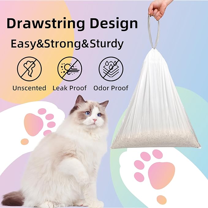 Self Cleaning Cat Litter Box, Drawstring Cat Litter Box Liners, Pet Waste Bags-4 Rolls, 20”x 18”, 60 Counts for Automatic Litter Box - Pink