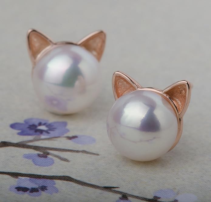 S.Leaf Cat Earrings Pearl Earrings Sterling Silver Earrings for Women Cat Memorial Gifts Cat Gifts for Cat Lovers Cat Jewelry for Women