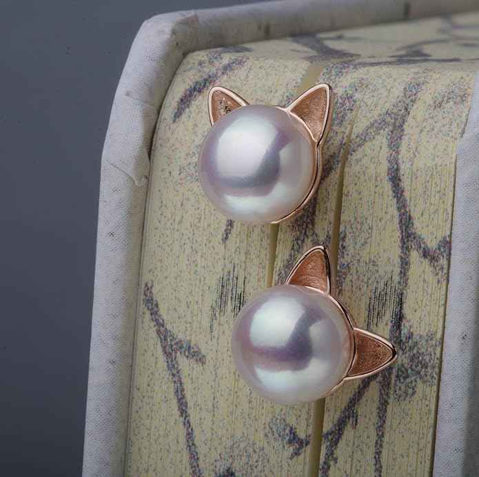 S.Leaf Cat Earrings Pearl Earrings Sterling Silver Earrings for Women Cat Memorial Gifts Cat Gifts for Cat Lovers Cat Jewelry for Women