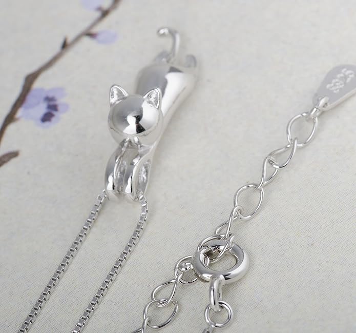 S.Leaf Sterling Silver Cat Necklace - Kitten Jewelry for Women, Cat Mom Gifts