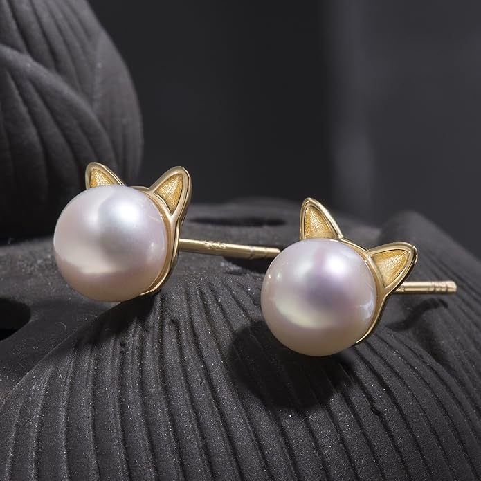 S.Leaf Cat Earrings Pearl Earrings Sterling Silver Earrings for Women Cat Memorial Gifts Cat Gifts for Cat Lovers Cat Jewelry for Women