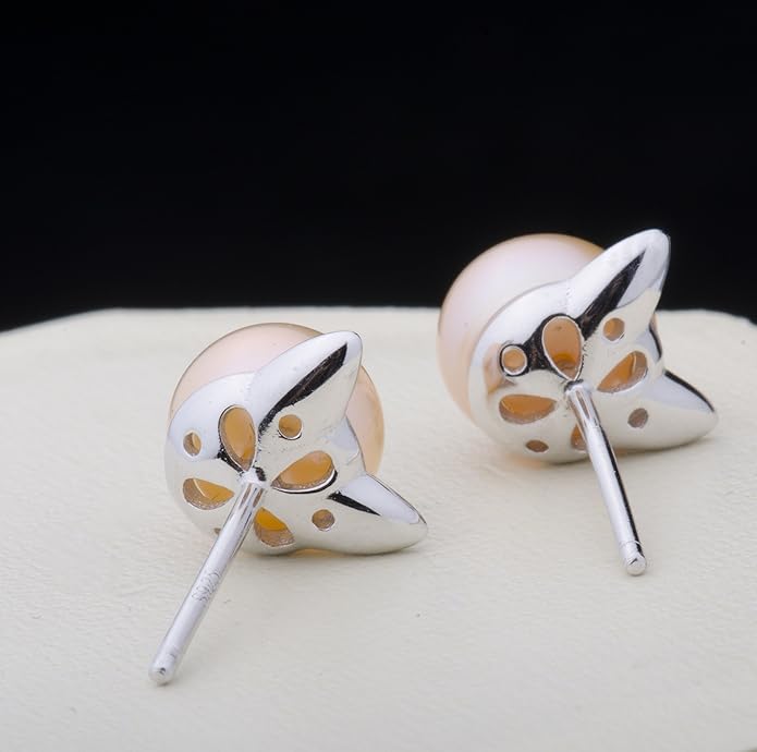 S.Leaf Cat Earrings Pearl Earrings Sterling Silver Earrings for Women Cat Memorial Gifts Cat Gifts for Cat Lovers Cat Jewelry for Women