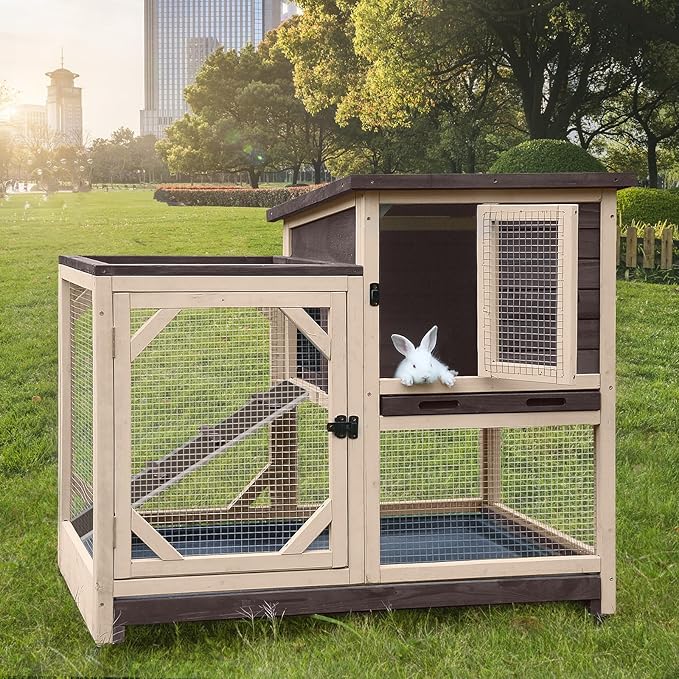 GUTINNEEN 2-Story Rabbit Hutch with Chew-Proof Ramp & Pull-Out Trays - Indoor/Outdoor 39.3" Wooden Rabbit Cage on Wheels for Rabbits, Guinea Pigs (Dark Brown)