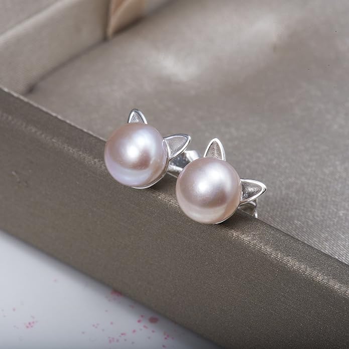 S.Leaf Cat Earrings Pearl Earrings Sterling Silver Earrings for Women Cat Memorial Gifts Cat Gifts for Cat Lovers Cat Jewelry for Women