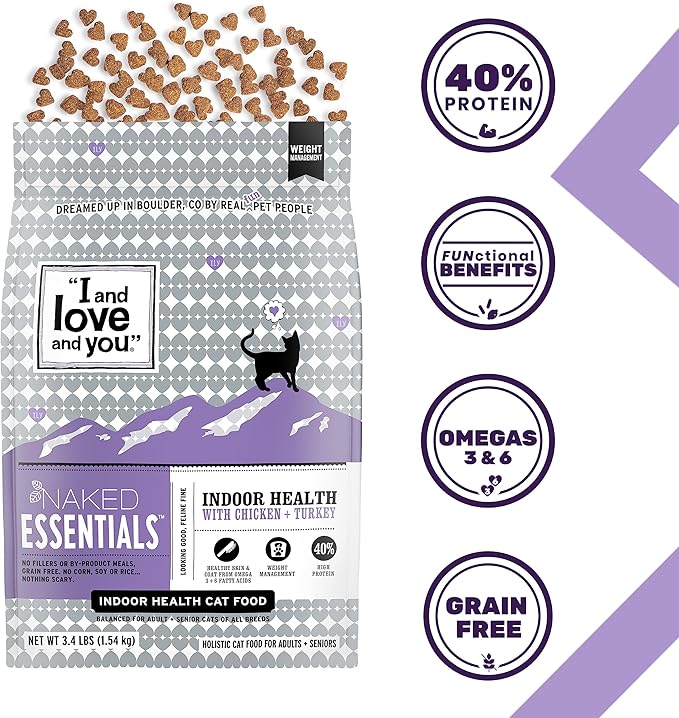 I and love and you Naked Essentials Dry Cat Food - Chicken + Turkey for Indoor Health - Grain Free, Real Meat, No Fillers, 3.4lb Bag