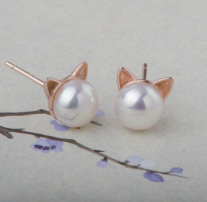 S.Leaf Cat Earrings Pearl Earrings Sterling Silver Earrings for Women Cat Memorial Gifts Cat Gifts for Cat Lovers Cat Jewelry for Women