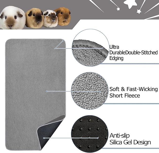 Guinea Pig Cage Liner, 4 Pack - Washable, Reusable, Leakproof Fleece Bedding Pads for Small Animals with Anti-Slip Bottom - for 15''X29'' Area, Gray