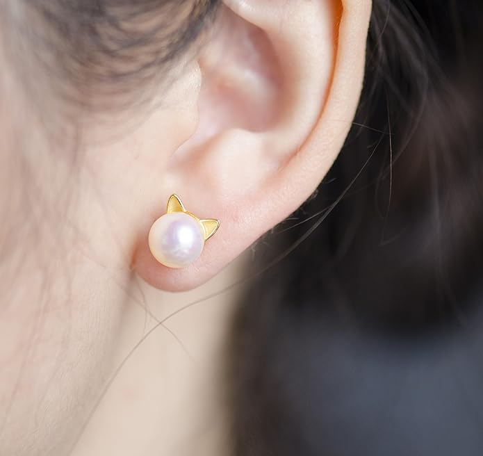 S.Leaf Cat Earrings Pearl Earrings Sterling Silver Earrings for Women Cat Memorial Gifts Cat Gifts for Cat Lovers Cat Jewelry for Women