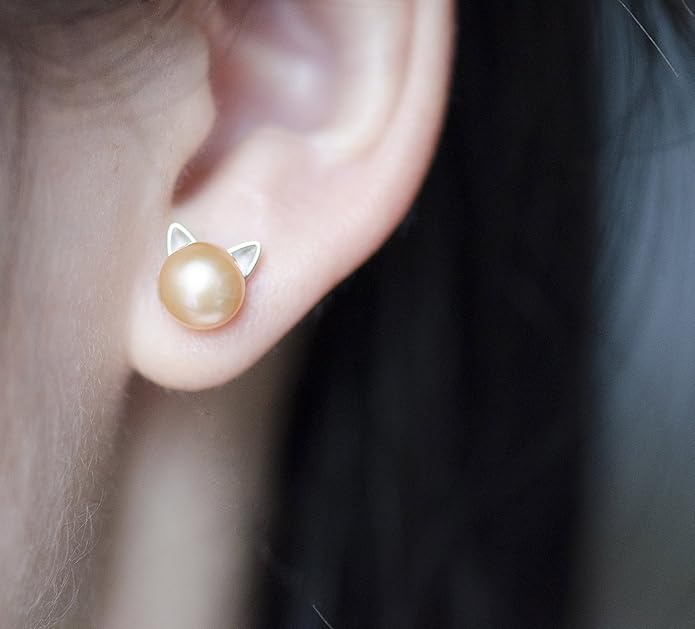S.Leaf Cat Earrings Pearl Earrings Sterling Silver Earrings for Women Cat Memorial Gifts Cat Gifts for Cat Lovers Cat Jewelry for Women