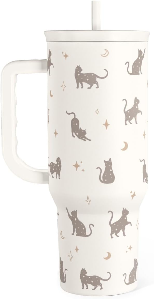 SANDJEST Gift for Cat Lovers Cat Mom – 40oz Stainless Steel Tumbler with Handle and Straw - Travel Coffee Mug for Women, Gift for Birthday, Christmas