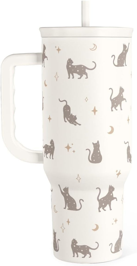 SANDJEST Gift for Cat Lovers Cat Mom – 40oz Stainless Steel Tumbler with Handle and Straw - Travel Coffee Mug for Women, Gift for Birthday, Christmas