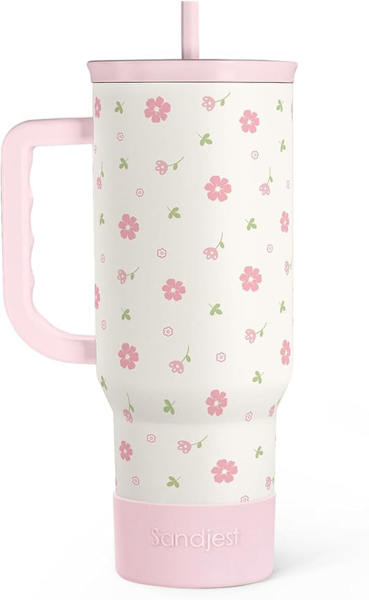 SANDJEST Floral 40oz Tumbler with Handle and Straw – Flowers Insulated Stainless Steel Travel Coffee Mug for Women Girls - Gift Idea for Birthday Christmas Mothers Day