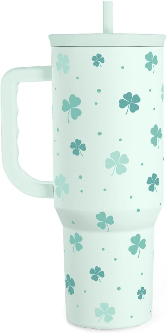SANDJEST 40oz Shamrock Tumbler with Handle and Straw - Insulated Stainless Steel Coffee Travel Mug, Christmas St. Patrick's Day Irish Gifts
