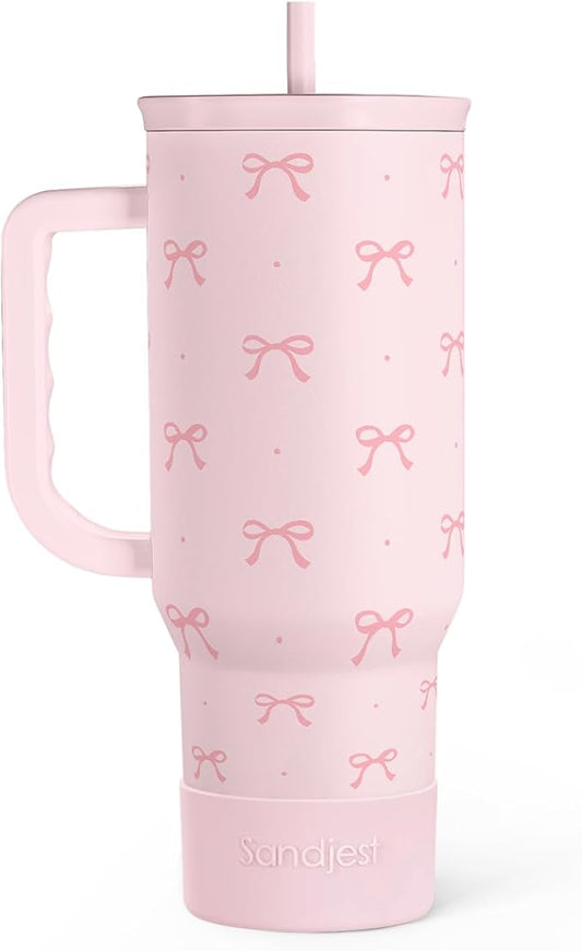 SANDJEST Gift for Women Girls - Coquette Bow Stainless Steel Tumbler with Handle, Travel Coffee Mug - Gifts for Birthday Christmas, 40oz