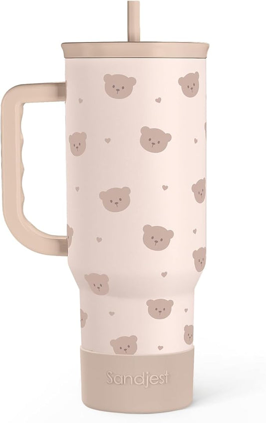 SANDJEST Bear Tumbler with Handle, Insulated Cup Stainless Steel Travel Mug Cup, Gifts for Women Girl, 40oz