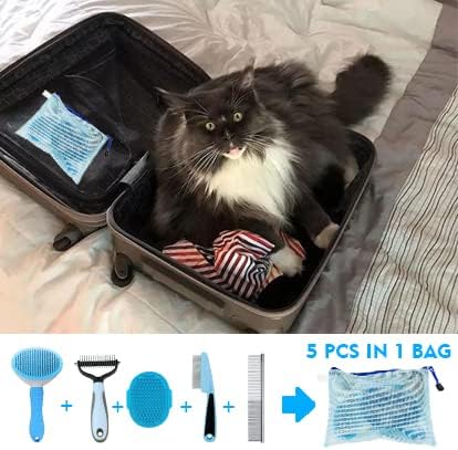 Dog Brush Grooming Kit 5PCS - Dog Brushes for Grooming, Dog Brush for Shedding,Puppy Brush and Flea Comb for Dogs, Slicker Brush Comb and Dog Hair Brush Set Blue