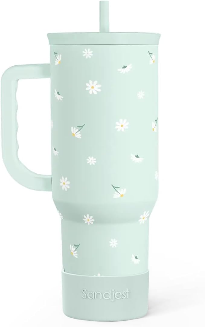 SANDJEST Daisy 40oz Tumbler with Handle and Straw – Flower Insulated Stainless Steel Travel Coffee Mug for Women Girls - Gift Idea for Birthday Christmas Mothers Day