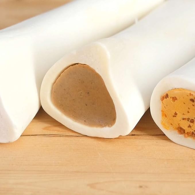 Pawstruck Small 3” Filled Dog Bones Variety Pack - Peanut Butter, Cheese & Bacon, Beef Flavors - Made in USA Long Lasting Stuffed Femur Treat for Aggressive Chewers - Pack of 3 - Packaging May Vary