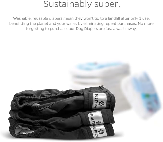 Pet Parents® Washable Dog Diapers (3pack) + Extendrs® of Durable Doggie Diapers, Premium Dog Diapers Female & Male (Small, Black)