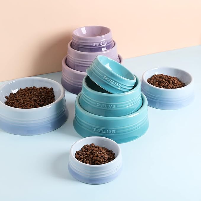 Sweejar Gradient Dog Bowl, Ceramic Dog Food Dish for Puppy and Kitten, Porcelain Pet Bowl for Food and Water 8 oz (Gradient Blue)