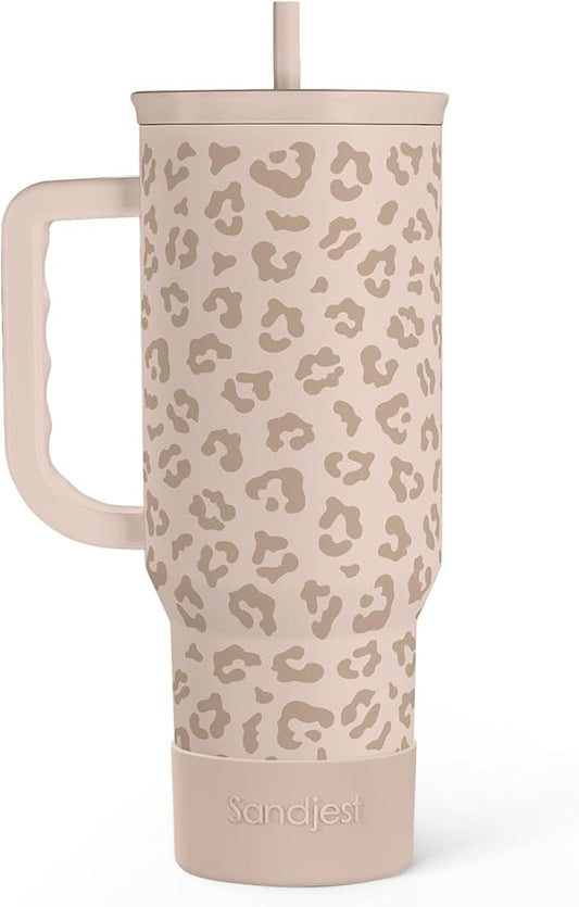 SANDJEST Leopard Tumbler with Handle, Insulated Cup Stainless Steel Travel Mug Cup, Gifts for Women Girl on Birthday Christmas, Tan Leopard, 40oz